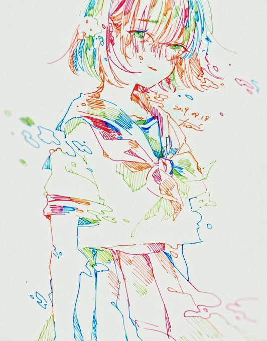 1girl bangs colorful cowboy_shot dated eyebrows_visible_through_hair green_eyes hatching_(texture) neckerchief original pleated_skirt sailor_collar shirt short_hair short_sleeves signature skirt solo tmari traditional_media white_background white_shirt