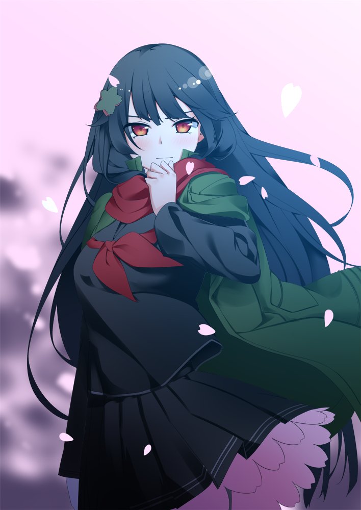 1girl bangs black_hair black_shirt black_skirt blush cherry_blossoms commentary_request girls_frontline hair_ornament long_hair long_sleeves looking_at_viewer petals pleated_skirt red_eyes red_scarf scarf school_uniform serafuku shirt skirt solo type_100_(girls_frontline) very_long_hair warashi wind wind_lift