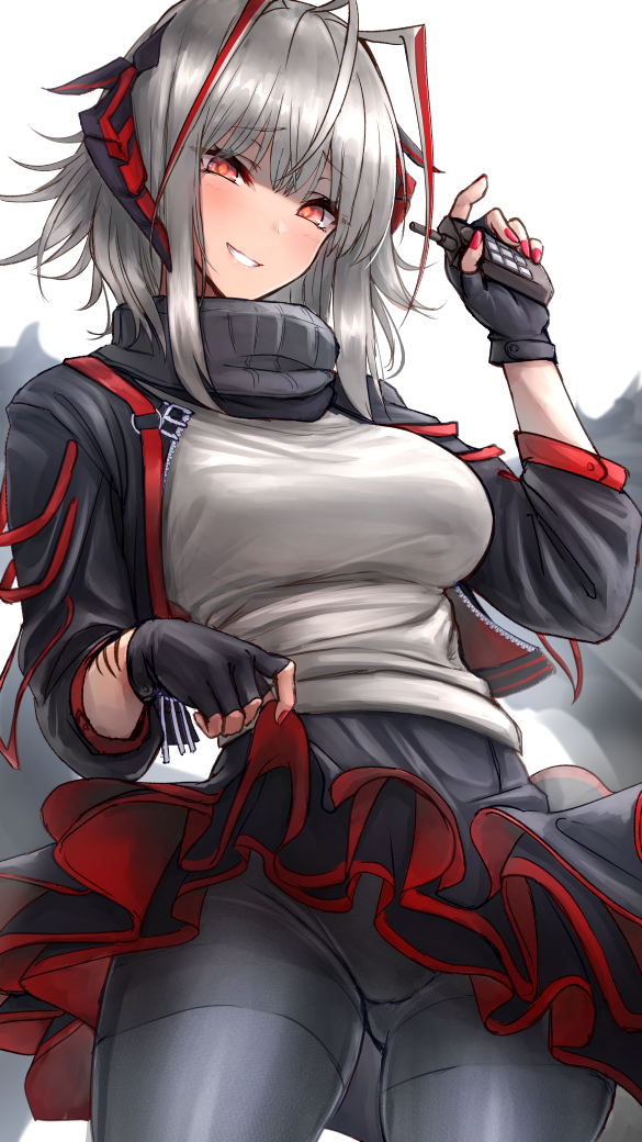 1girl akehi_yuki antenna_hair arknights bangs black_gloves black_jacket black_legwear black_skirt breasts cowboy_shot demon_horns detonator eyebrows_visible_through_hair fingerless_gloves gloves grey_hair grey_shirt head_tilt holding horns jacket large_breasts lifted_by_self long_sleeves looking_at_viewer medium_hair open_clothes open_jacket red_eyes red_nails shirt simple_background skirt skirt_lift smile solo standing thigh-highs turtleneck w_(arknights) white_background