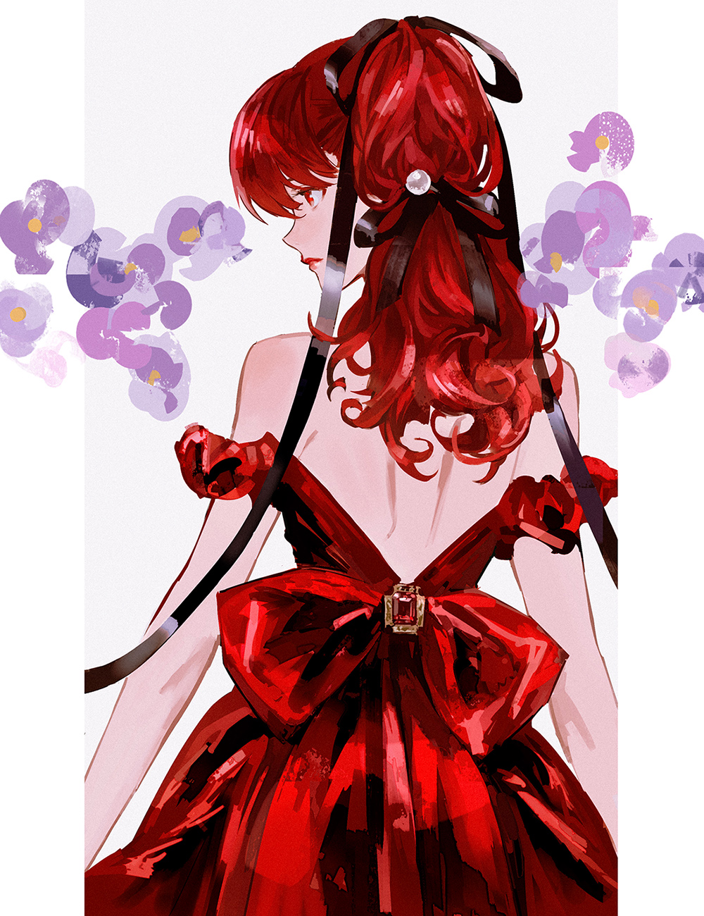 1girl back bangs bare_shoulders black_ribbon bow closed_mouth commentary dress english_commentary framed from_behind grey_background hair_between_eyes hair_ornament hair_ribbon highres huangdanlan jewelry lips long_hair looking_away looking_to_the_side off-shoulder_dress off_shoulder persona persona_5 persona_5_the_royal ponytail red_bow red_dress red_eyes red_lips redhead ribbon simple_background solo upper_body white_background yoshizawa_kasumi