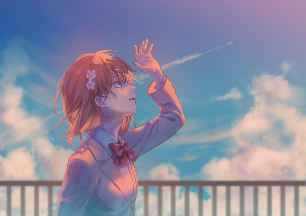 1girl aircraft airplane arm_up az_(zero_glvimayhop) blazer blue_sky blurry blurry_background bow bowtie brown_hair clouds collared_shirt condensation_trail dress_shirt from_side jacket long_sleeves looking_up misaka_mikoto open_mouth profile red_bow red_neckwear school_uniform shirt short_hair sky solo to_aru_majutsu_no_index tokiwadai_school_uniform upper_body white_shirt wing_collar