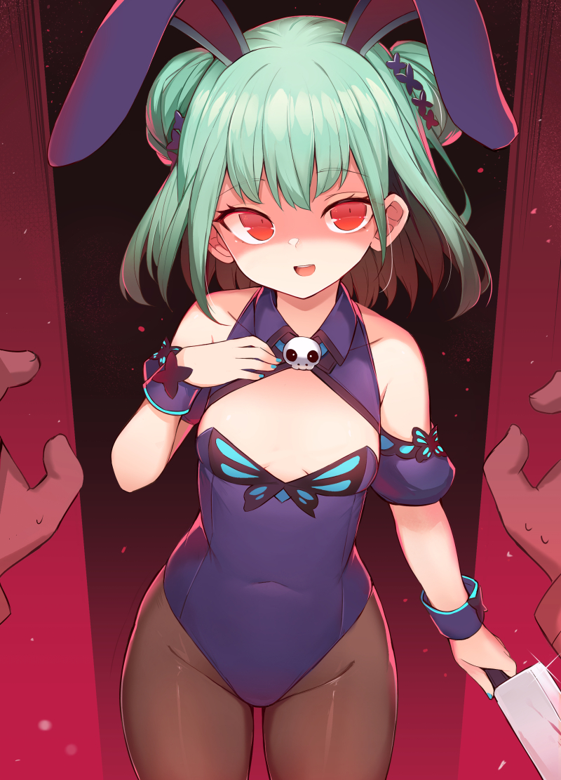 1girl 1other animal_ears arm_up black_legwear blue_leotard breasts bunny_girl cleavage_cutout clothing_cutout covered_navel double_bun empty_eyes green_hair groin hair_bun hand_on_own_chest hands hatchet hololive leotard looking_back mou_tama_maru nail_polish open_mouth pantyhose playboy_bunny pov rabbit_ears red_eyes shaded_face short_hair skull_collar small_breasts smile thighs uruha_rushia virtual_youtuber wrist_cuffs yandere