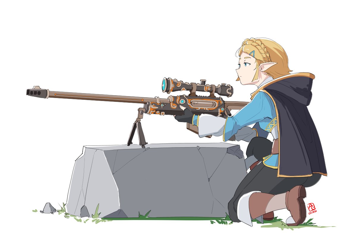 1girl automatic_giraffe braid braided_bangs cape elf english_commentary gun hair_ornament hairclip kneeling pointy_ears princess_zelda rifle rock sniper_rifle the_legend_of_zelda the_legend_of_zelda:_breath_of_the_wild weapon weapon_request white_background