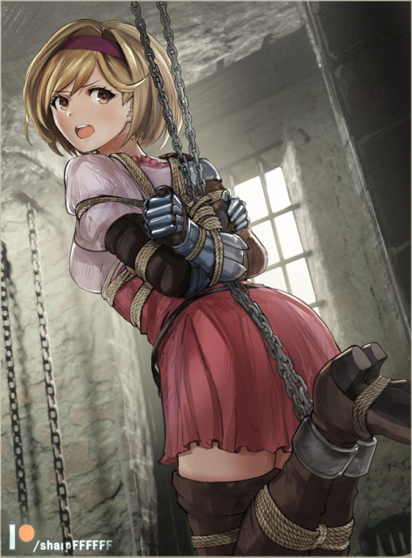 1girl arms_behind_back blonde_hair boots bound brown_eyes chain djeeta_(granblue_fantasy) dress dungeon from_behind gauntlets granblue_fantasy hairband patreon_username pink_dress restrained rope sharpffffff suspension thigh-highs thigh_boots