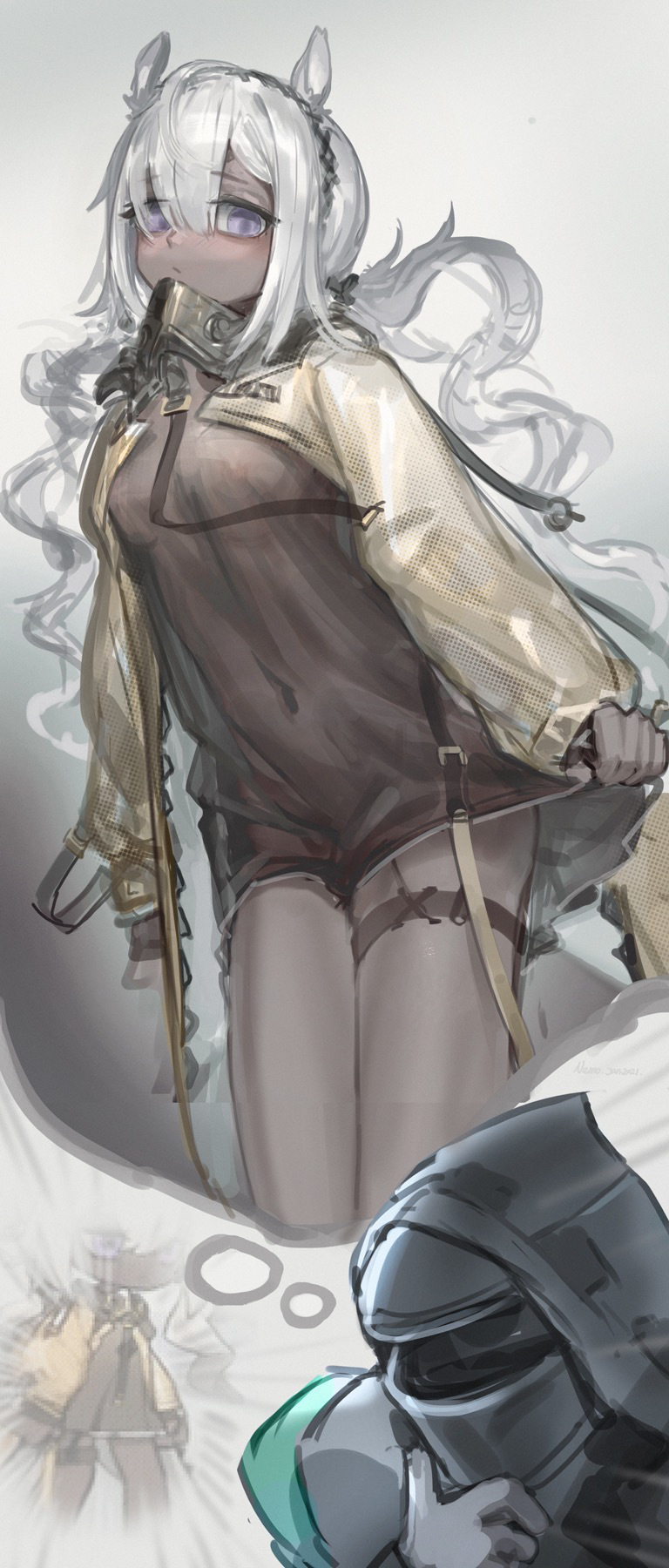 1girl 1other animal_ears arknights bangs black_dress blush breasts camel_ears closed_mouth dark_skin doctor_(arknights) dress expressionless eyebrows_visible_through_hair gloves grey_gloves hair_between_eyes highres jacket long_hair long_sleeves looking_at_viewer low_twintails mask mask_around_neck medium_breasts navel nemo_(leafnight) nipples open_clothes open_jacket see-through short_dress silver_hair thigh_strap thighs thinking thought_bubble tuye_(arknights) twintails very_long_hair yellow_jacket