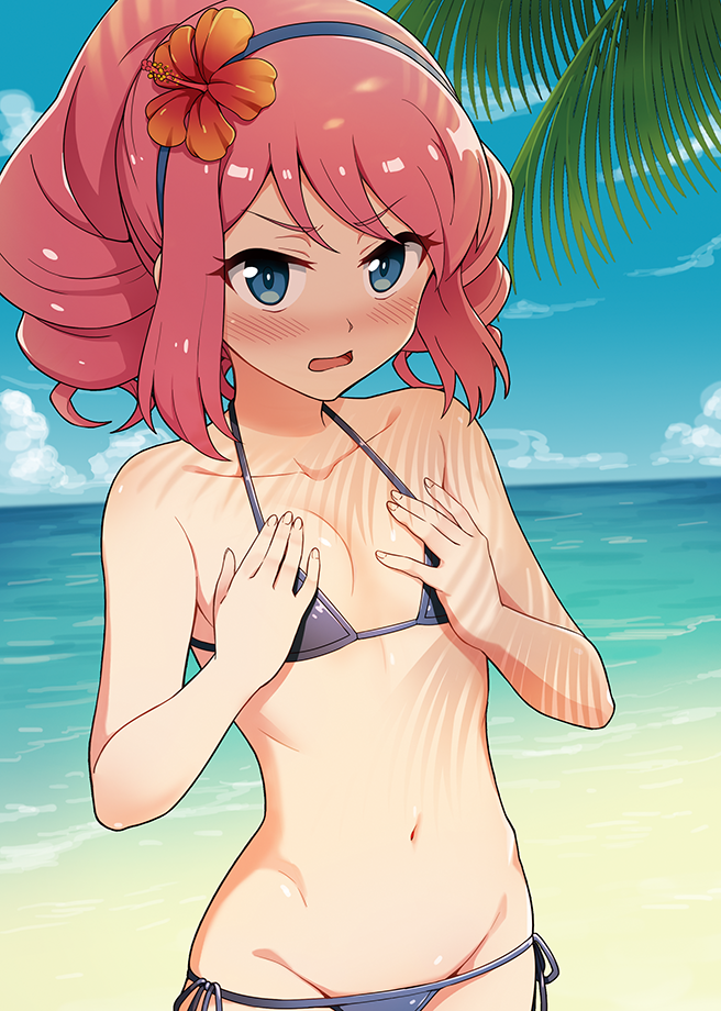 1girl aikatsu!_(series) aikatsu_stars! bare_shoulders beach bikini blue_bikini blue_eyes blue_hairband blush breasts clouds cloudy_sky collarbone covering covering_breasts day drill_hair embarrassed flower groin hair_flower hair_ornament hairband hands_on_own_chest hibiscus looking_at_viewer lowleg lowleg_bikini navel nose_blush ocean open_mouth outdoors palm_tree pink_hair sakuraba_rola shadow side-tie_bikini sky small_breasts solo stomach string_bikini swimsuit tree upper_body yoban