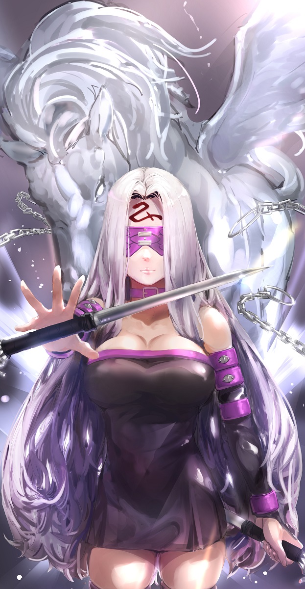 1girl black_legwear blindfold breasts chamsaechi closed_mouth facial_mark fate/grand_order fate/stay_night fate_(series) forehead_mark highres holding holding_weapon horse long_hair pegasus pink_hair rider solo very_long_hair weapon