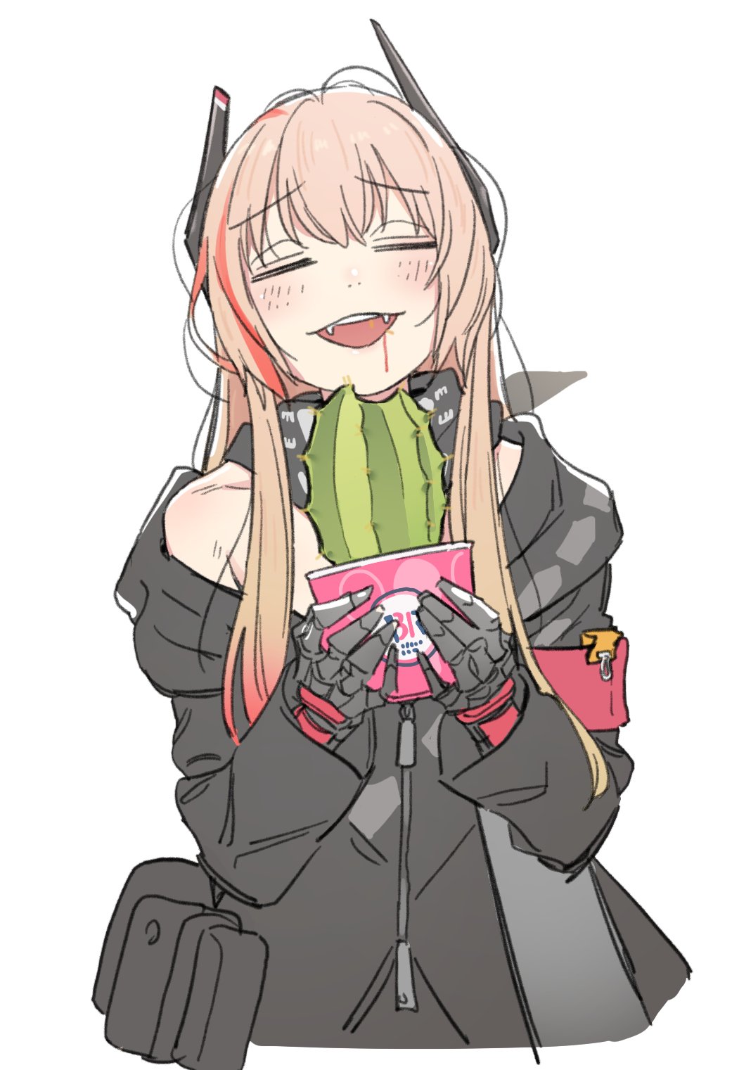 1girl armband bangs baskin-robbins black_scarf blonde_hair blood blood_from_mouth blush cactus closed_eyes eating eyebrows_visible_through_hair fangs girls_frontline headgear highres jacket long_hair long_sleeves m4_sopmod_ii_(girls_frontline) mechanical_arm multicolored_hair off_shoulder open_mouth scarf solo streaked_hair white_background yunamul