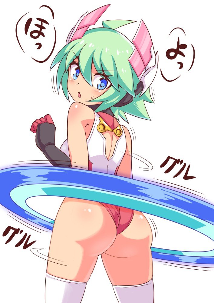 1girl ahoge ass azure_striker_gunvolt azure_striker_gunvolt_2 bare_shoulders blue_eyes breasts cougar_(cougar1404) elbow_gloves gloves green_hair headgear leotard looking_at_viewer open_mouth roro_(gunvolt) short_hair simple_background solo thigh-highs white_background