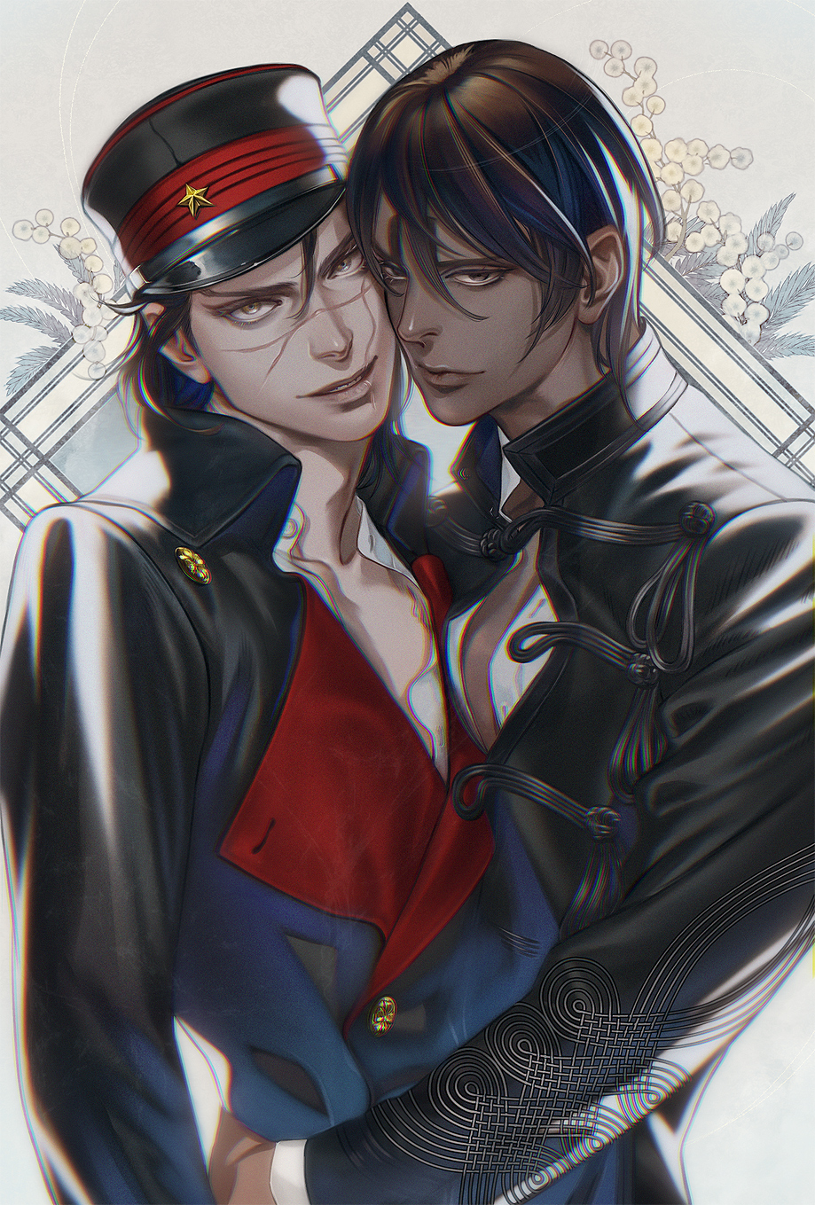 2boys alternate_costume alternate_hairstyle arm_around_waist backlighting bangs black_hair brown_eyes dark_skin dark_skinned_male golden_kamuy head_to_head highres koito_otonoshin looking_at_viewer male_focus multiple_boys parted_bangs pectoral_docking pectoral_press pectorals short_hair simple_background smile sugimoto_saichi toned toned_male upper_body w55674570w