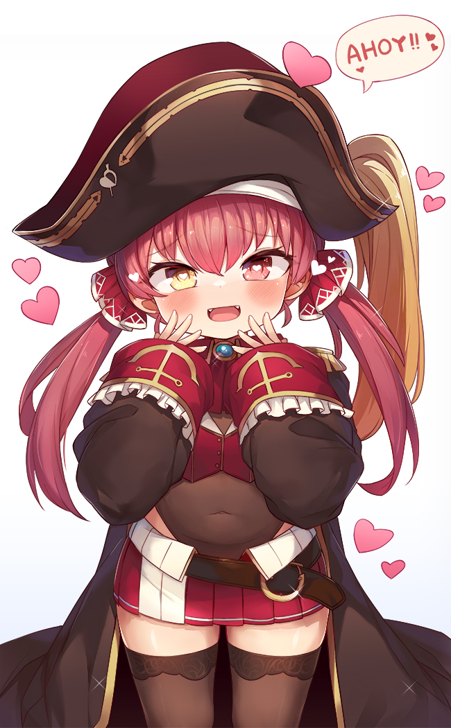 1girl belt black_coat black_headwear black_legwear black_leotard blush coat crop_top fangs hand_to_own_mouth hat heart heart-shaped_pupils highleg highleg_leotard hololive houshou_marine leotard leotard_under_clothes long_hair looking_at_viewer low_twintails miniskirt mou_tama_maru open_mouth oversized_clothes pirate_hat red_shirt red_skirt redhead scrunchie see-through shirt simple_background skirt smile solo symbol-shaped_pupils thigh-highs twintails virtual_youtuber white_background younger zettai_ryouiki