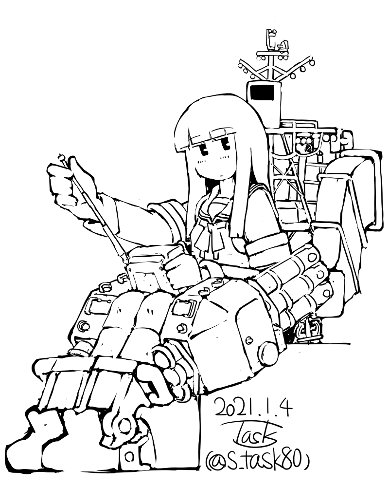 1girl dated gloves hatsuyuki_(kantai_collection) holding kantai_collection loafers long_hair looking_at_viewer monochrome radio_controller rigging shoes signature sitting socks solo task_(s_task80) torpedo_tubes twitter_username white_background