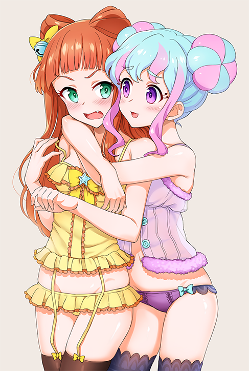 2girls :3 aikatsu!_(series) aikatsu_stars! arms_around_neck babydoll bangs bare_shoulders bell black_legwear blouse blunt_bangs blush bow bow_panties cowboy_shot double_bun embarrassed eyebrows_visible_through_hair eyelashes fang frilled_babydoll frilled_blouse frilled_legwear frilled_panties frills garter_straps green_eyes grey_background groin hair_bell hair_bow hair_ornament hanazono_kirara hug hug_from_behind jingle_bell light_blue_hair lingerie looking_at_another lowleg lowleg_panties multicolored_hair multiple_girls open_mouth orange_hair panties pink_hair purple_babydoll purple_panties saotome_ako sidelocks sideways_glance simple_background smile spaghetti_strap strap_slip thigh-highs tsundere two-tone_hair underwear violet_eyes yellow_blouse yellow_bow yoban yuri