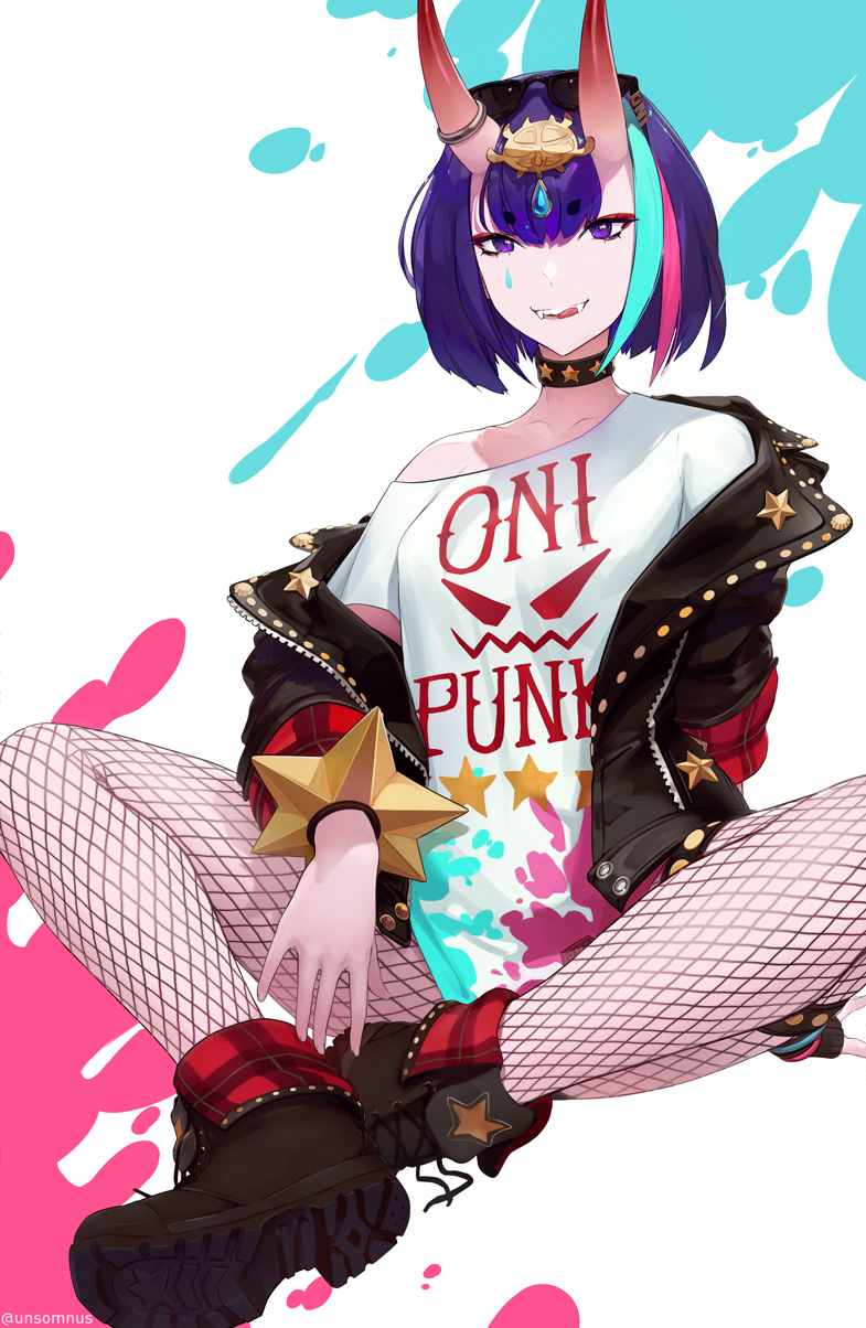 1girl bangs black_jacket bob_cut boots breasts choker clothes_writing collarbone eyeliner fangs fate/grand_order fate_(series) fishnet_legwear fishnets headpiece highres horn_ornament horn_ring horns jacket licking_lips long_sleeves looking_at_viewer makeup multicolored_hair off_shoulder oni oni_horns open_clothes open_jacket purple_hair shirt short_hair shuten_douji_(fate/grand_order) skin-covered_horns small_breasts smile streaked_hair tongue tongue_out unsomnus violet_eyes white_shirt