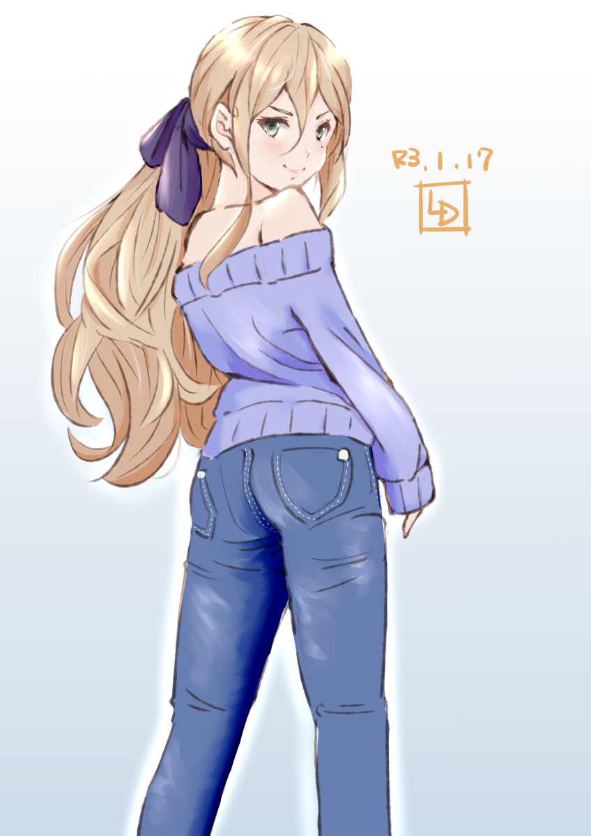 1girl alternate_costume artist_logo blonde_hair blue_eyes commentary_request dated denim feet_out_of_frame from_behind hair_between_eyes highres jeans kantai_collection ld_(luna_dial398) long_hair looking_at_viewer mole mole_under_eye mole_under_mouth off-shoulder_sweater off_shoulder pants purple_sweater richelieu_(kantai_collection) solo standing sweater