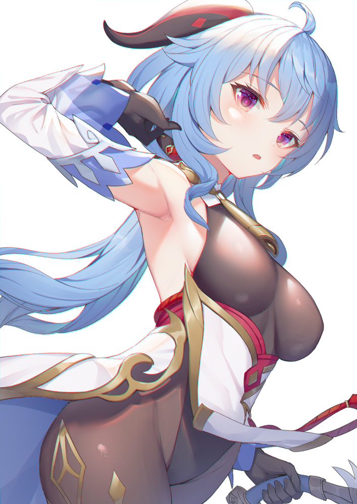 1girl ahoge alexmaster arm_up armpits bare_shoulders black_gloves black_leotard blue_hair bow_(weapon) breasts brown_legwear cowboy_shot detached_sleeves ganyu_(genshin_impact) genshin_impact gloves goat_horns gold_trim groin highleg highleg_leotard holding holding_bow_(weapon) holding_weapon horns leotard long_hair long_sleeves looking_at_viewer low_ponytail medium_breasts pantyhose parted_lips pelvic_curtain pink_eyes simple_background solo standing weapon white_background