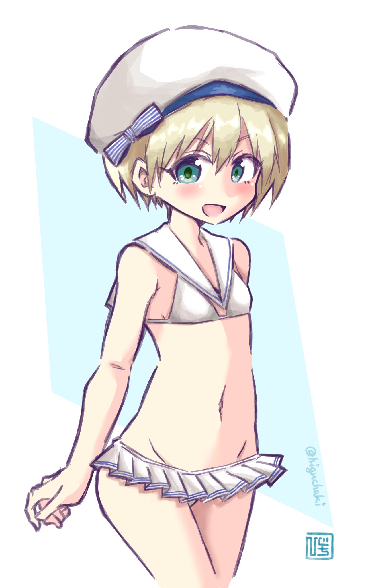 1girl bikini_skirt blue_eyes breasts commentary_request cowboy_shot hat highres higuchiaki kantai_collection looking_at_viewer microskirt pleated_skirt sailor_bikini sailor_collar sailor_hat short_hair silver_hair skirt small_breasts solo white_headwear white_sailor_collar white_skirt z1_leberecht_maass_(kantai_collection)