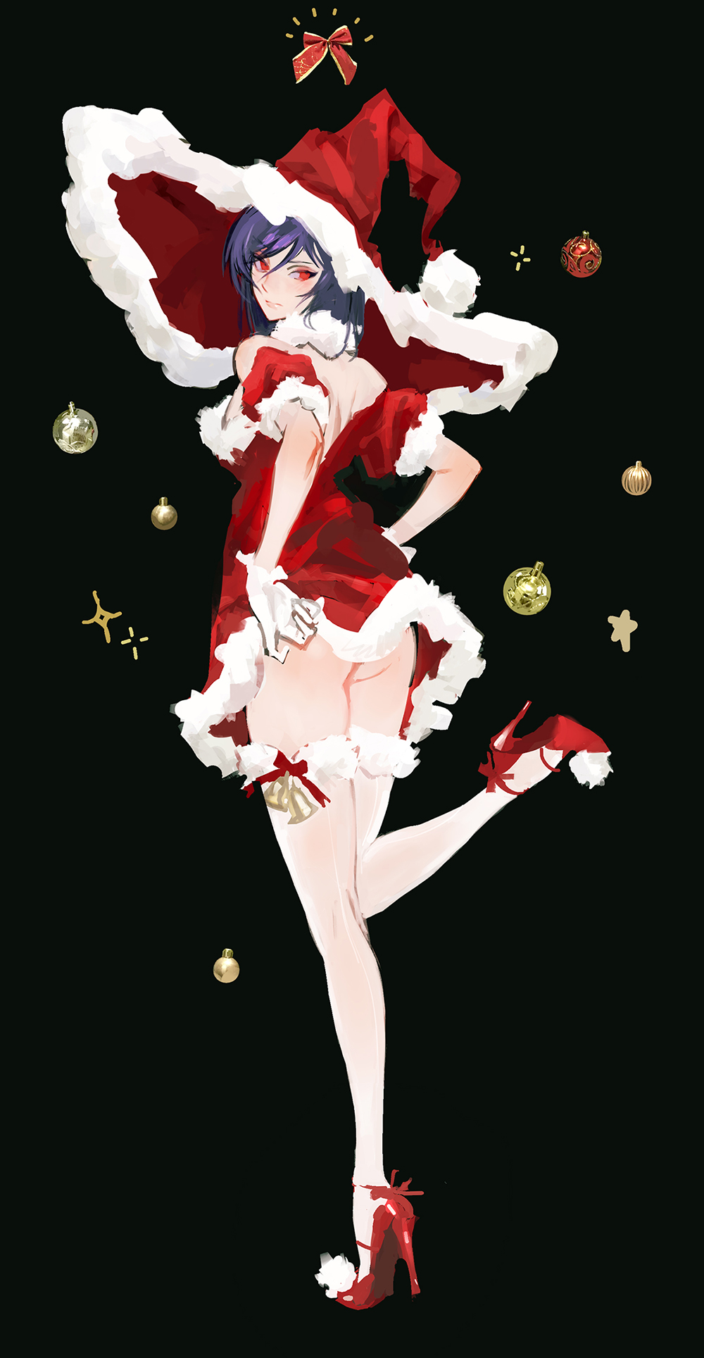 1girl ass bangs bare_shoulders bell black_background bow christmas christmas_ornaments closed_mouth dress eyebrows_visible_through_hair flower from_behind fur-trimmed_dress fur-trimmed_headwear fur_collar fur_trim genderswap genderswap_(mtf) gloves gundam gundam_00 hair_between_eyes hat high_heels highres huangdanlan lips looking_at_viewer looking_back medium_hair off-shoulder_dress off_shoulder purple_hair red_bow red_dress red_eyes red_flower red_headwear shoes simple_background solo standing standing_on_one_leg star_(symbol) symbol_commentary tieria_erde white_gloves witch_hat