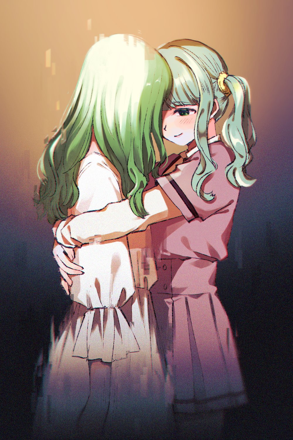 2girls ai-chan_(magia_record) arms_at_sides bangs beige_background blunt_bangs dark_background darkness dissolving dress eyebrows_visible_through_hair facing_away facing_viewer forehead-to-forehead frilled_sleeves frills futaba_sana gradient gradient_background green_eyes green_hair grey_background hair_over_face half-closed_eyes hands_on_another's_back happy highres hug light_blush light_smile long_sleeves looking_down magia_record:_mahou_shoujo_madoka_magica_gaiden mahou_shoujo_madoka_magica mizuna_girls'_academy_uniform multiple_girls oo_pd pleated_skirt puffy_long_sleeves puffy_sleeves purple_skirt school_uniform shiny shiny_hair short_sleeves sidelocks skirt standing uniform vignetting white_dress