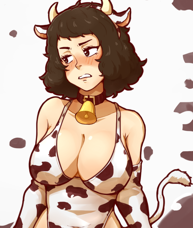 1girl animal_ears animal_print arms_under_breasts bell bell_collar bikini blush breasts brown_eyes brown_hair chief_(91m10) chinese_zodiac collar collarbone cow_ears cow_girl cow_horns cow_print cow_tail cowbell embarrassed gloves horns kawakami_sadayo looking_to_the_side midriff navel one-piece_swimsuit persona persona_5 print_gloves print_swimsuit short_hair swimsuit tail year_of_the_ox