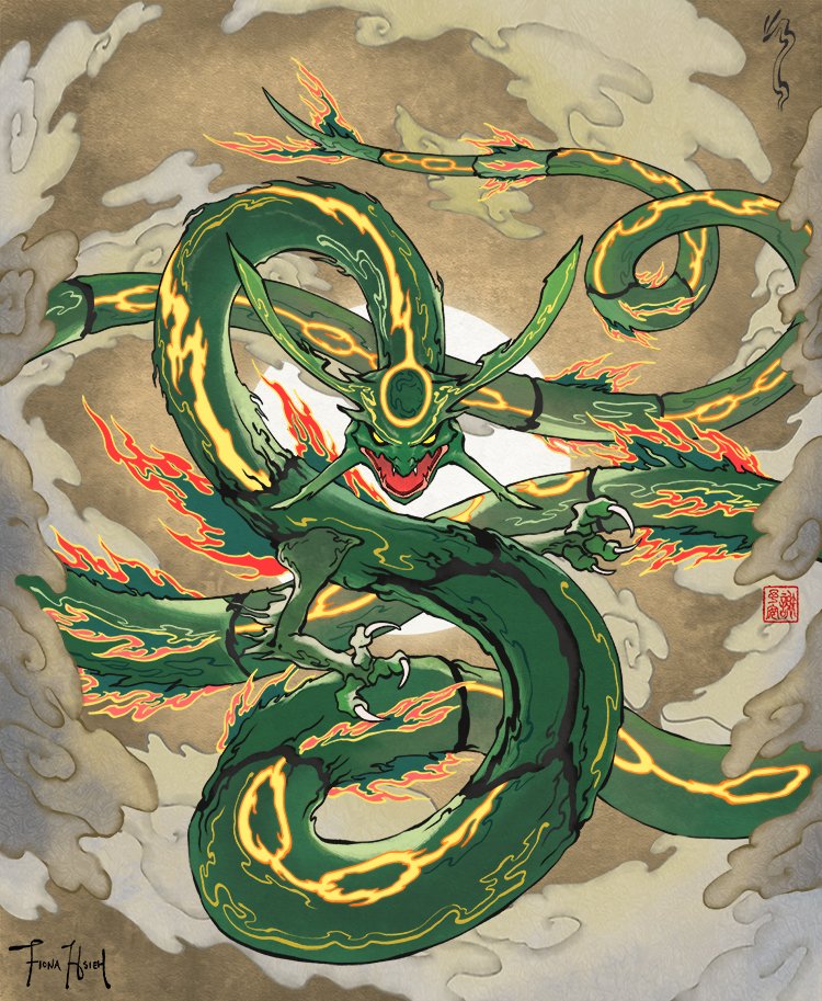 black_sclera claws clouds colored_sclera commentary dragon eastern_dragon fangs fiona_hsieh gen_3_pokemon legendary_pokemon no_humans open_mouth pokemon pokemon_(creature) rayquaza signature yellow_eyes