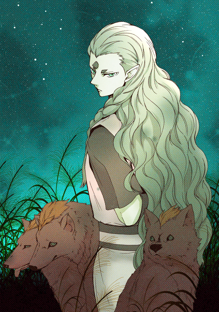 1boy braid cowboy_shot diting_(the_legend_of_luoxiaohei) from_side grass green_eyes green_hair horns long_hair looking_at_viewer nezumiez outdoors plant pointy_ears short_sleeves single_horn sky solo star_(sky) starry_sky the_legend_of_luo_xiaohei very_long_hair