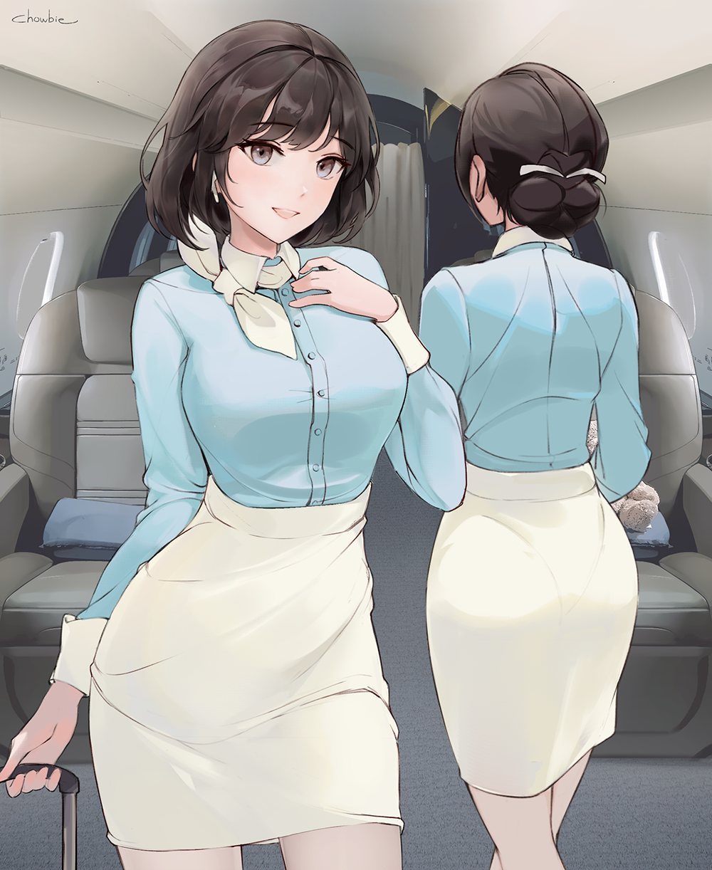 1girl airplane_interior artist_name ass bangs blush brown_eyes brown_hair chowbie curtains flight_attendant hair_tie highres looking_at_viewer luggage original pantyhose pantylines parted_lips pencil_skirt scar scarf seat short_hair sidelocks skirt tied_hair