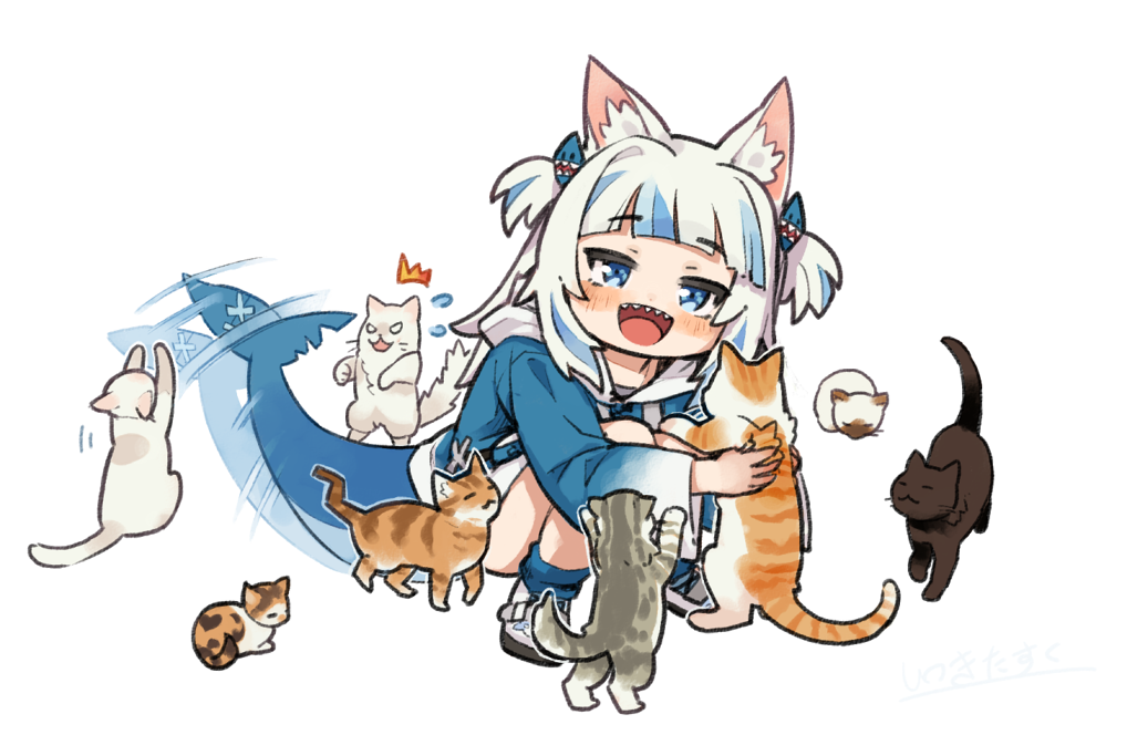 1girl :d ^^^ afterimage animal animal_ear_fluff animal_ears blue_eyes blue_hair blue_hoodie blue_legwear blush cat cat_ears commentary drawstring english_commentary fish_tail flying_sweatdrops full_body gawr_gura hair_ornament holding holding_animal hololive hololive_english hood hood_down hoodie itsuki_tasuku long_hair multicolored_hair open_mouth shark_tail sharp_teeth shoes simple_background smile socks solo squatting streaked_hair tail tail_wagging teeth two_side_up virtual_youtuber white_background white_footwear white_hair