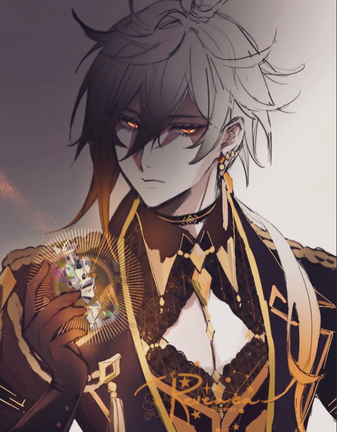 1boy bangs black_gloves black_hair brown_hair chess_piece choker cleavage_cutout closed_mouth clothing_cutout earrings eyebrows_visible_through_hair floating floating_object genshin_impact gloves gnosis_(genshin_impact) hair_between_eyes jacket jewelry long_hair long_sleeves looking_at_viewer luceveea male_focus multicolored_hair ponytail simple_background single_earring solo tassel tassel_earrings white_hair yellow_eyes zhongli_(genshin_impact)