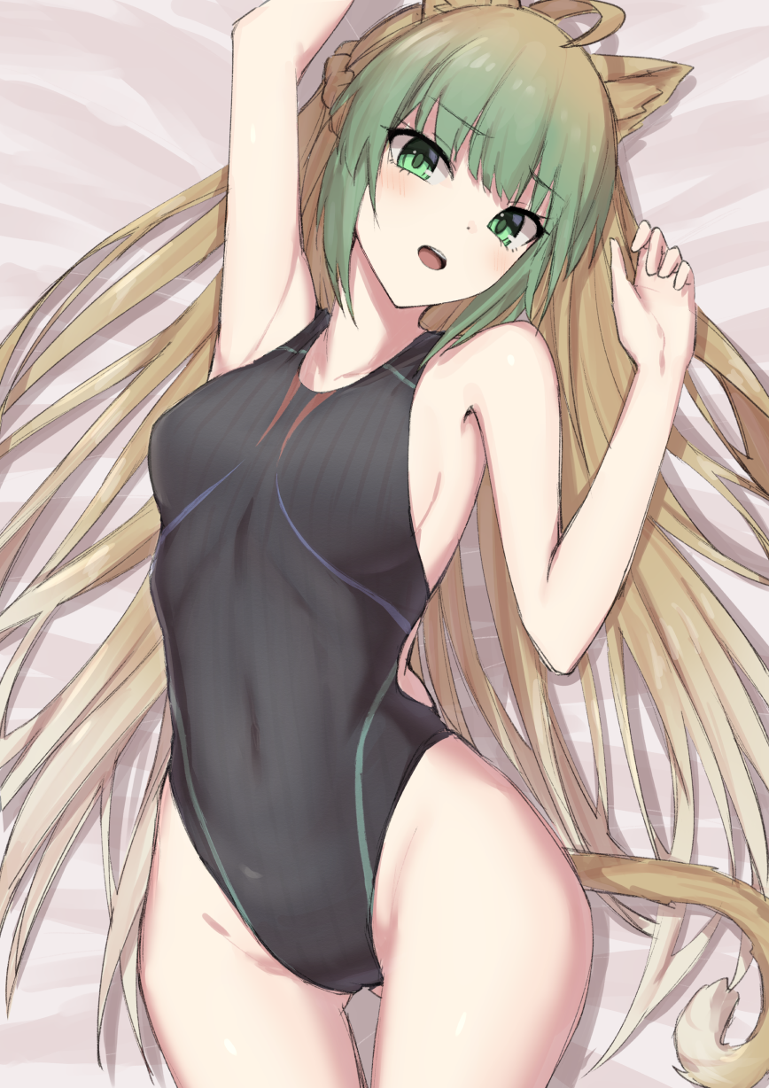 1girl ahoge animal_ears atalanta_(fate) bangs bare_shoulders black_swimsuit blonde_hair blush breasts cat_ears cat_tail collarbone covered_navel elfenlied22 fate/apocrypha fate_(series) green_eyes green_hair highleg highleg_swimsuit highres long_hair looking_at_viewer lying medium_breasts multicolored_hair on_back one-piece_swimsuit open_mouth swimsuit tail thighs