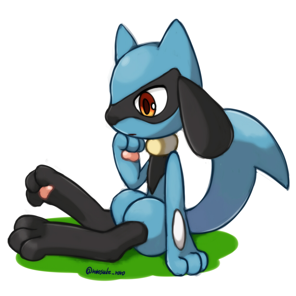 1boy animal_ears artist_name child closed_mouth commentary expressionless from_side furry gen_4_pokemon hand_up head_rest looking_down male_focus orange_eyes pawpads paws pokemon pokemon_(creature) riolu rorosuke simple_background solo tail twitter_username white_background