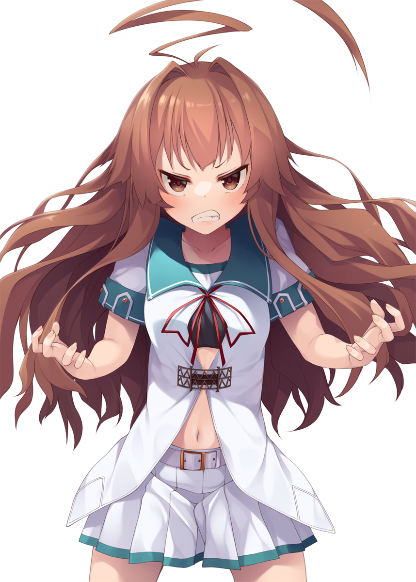 1girl ahoge aqua_sailor_collar belt belt_buckle blush brown_eyes brown_hair buckle clenched_teeth collarbone cowboy_shot fingernails highres huge_ahoge kantai_collection kuma_(kantai_collection) long_hair mofu_namako navel pleated_skirt remodel_(kantai_collection) sailor_collar school_uniform serafuku short_sleeves simple_background skirt solo teeth white_background white_belt white_skirt