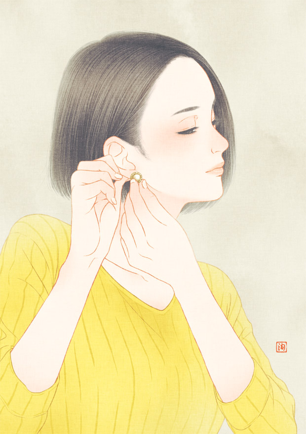 1girl black_hair earrings jewelry june_mina long_sleeves original profile shirt short_hair simple_background solo tan_background upper_body white_nails yellow_shirt