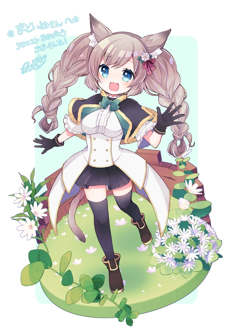 1girl :d animal_ear_fluff animal_ears aruya_(flosrota) bangs black_capelet black_gloves black_legwear black_skirt blue_background blue_eyes blush boots braid breasts brown_footwear brown_hair capelet center_frills commission eyebrows_visible_through_hair flower frilled_sleeves frills fur-trimmed_capelet fur_trim gloves hand_up long_hair looking_at_viewer medium_breasts open_mouth original pleated_skirt shirt short_sleeves skeb_commission skirt smile solo standing standing_on_one_leg thigh-highs thighhighs_under_boots translation_request twin_braids twintails two-tone_background very_long_hair white_background white_flower white_shirt wide_sleeves