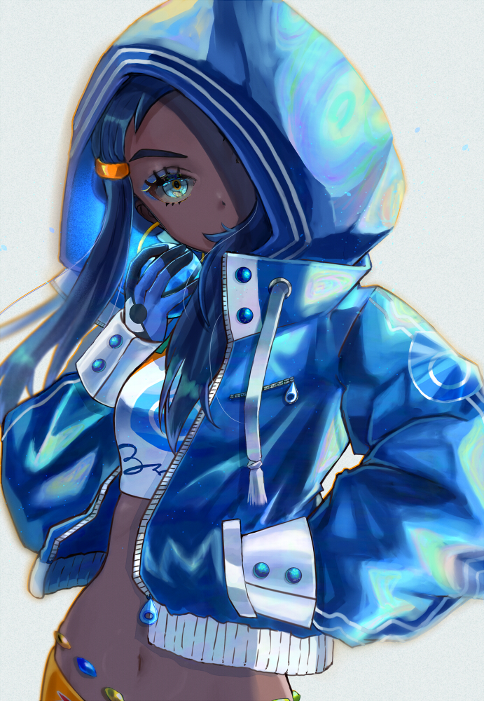 1girl aqua_eyes belly_chain bike_shorts black_hair blue_eyeshadow blue_jacket breasts commentary covered_mouth dark_skin dark-skinned_female dive_ball earrings eyeshadow gloves gym_leader hand_in_pocket hand_up head_tilt holding holding_poke_ball hood hood_up hooded_jacket hoop_earrings jacket jewelry long_hair long_sleeves looking_at_viewer makeup midriff navel nessa_(pokemon) poke_ball pokemon pokemon_(game) pokemon_swsh setta_shu sidelocks simple_background small_breasts solo standing swimsuit tankini upper_body white_background zipper zipper_pull_tab