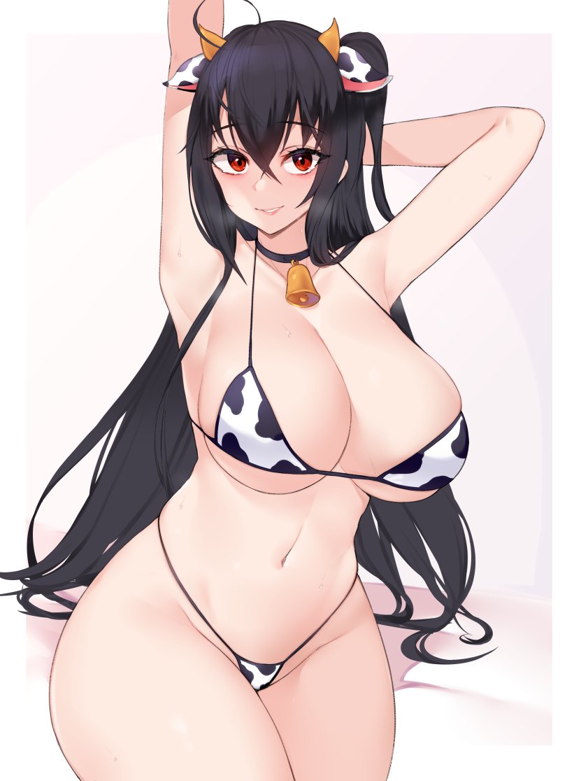 1girl ahoge animal_ears animal_print arms_up azur_lane bangs bare_shoulders bell black_hair breasts collarbone commentary cow_ears cow_horns cow_print cowbell cowboy_shot crossed_bangs eyebrows_visible_through_hair eyelashes groin hair_between_eyes heavy_breathing horns kuavera long_hair looking_at_viewer navel parted_lips red_eyes skindentation smile solo string_bikini taihou_(azur_lane) thick_thighs thighs under_boob
