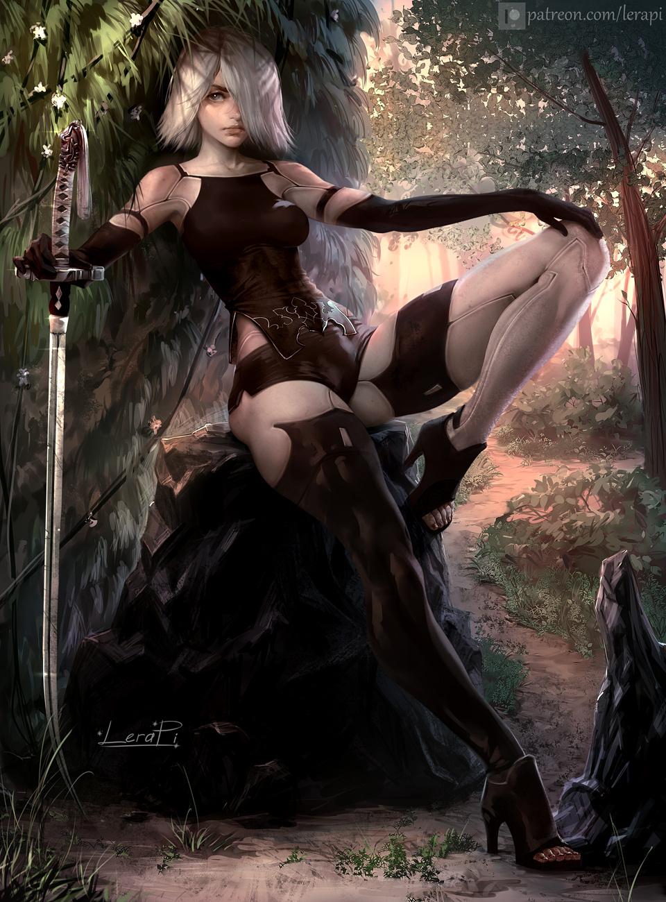 1girl android black_shorts elbow_gloves gloves grass hair_over_one_eye hand_on_own_knee high_heels highres joints knee_up lera_pi looking_at_viewer nier_(series) nier_automata open_toe_shoes robot_joints rock shade short_hair short_shorts shorts silver_hair single_thighhigh sitting solo sword thigh-highs toes tree weapon yorha_type_a_no._2