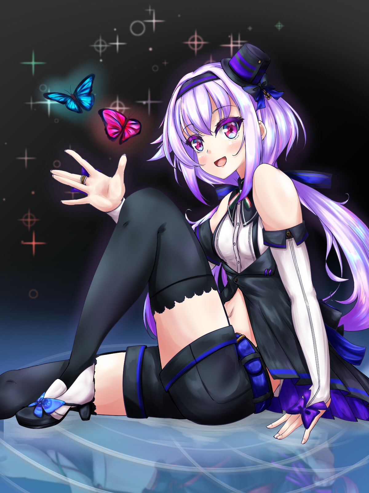 .live black_legwear blush bug butterfly carro_pino commentary_request detached_sleeves hair_between_eyes hat headband highres insect long_hair looking_at_viewer low_twintails navel open_mouth purple_hair shorts thigh-highs twintails violet_eyes virtual_youtuber zegdos