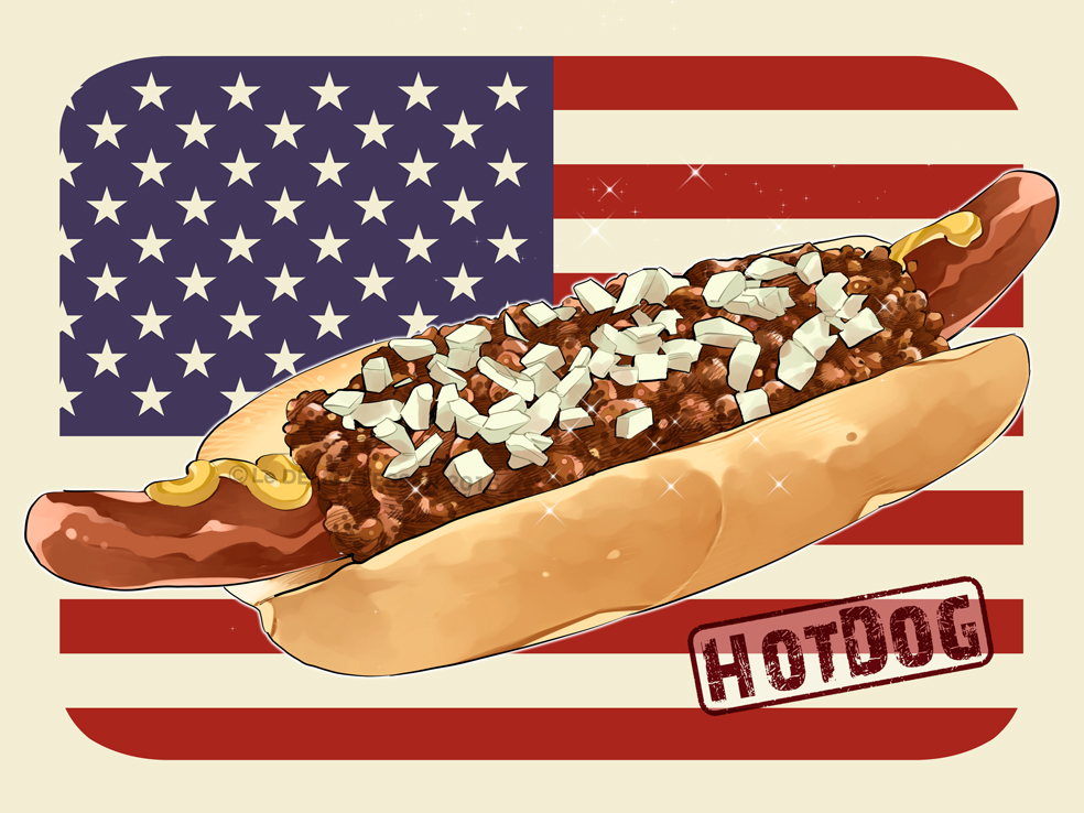 american_flag bread bread_bun cheese chili chili_dog english_text flag food food_focus hot_dog le_delicatessen meat mustard no_humans onion original sausage simple_background sparkle still_life white_background