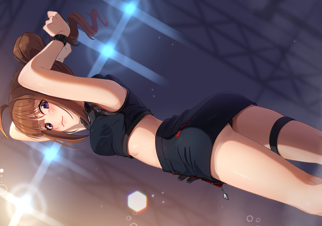 1girl ahoge arched_back arms_behind_head arms_up ass bangs bare_arms black_panties black_shirt black_skirt blunt_bangs blurry blurry_background blush breasts brown_hair closed_mouth commentary cowboy_shot crop_top drill_hair dutch_angle from_behind from_below idolmaster idolmaster_million_live! idolmaster_million_live!_theater_days kamille_(vcx68) looking_at_viewer looking_back medium_breasts midriff miniskirt panties pantyshot shiny shiny_hair shirt short_hair side_ponytail sidelocks skirt sleeveless sleeveless_shirt smile solo sparkle stage_lights standing thigh_strap tying_hair underwear up_sleeve upskirt violet_eyes wristband yokoyama_nao
