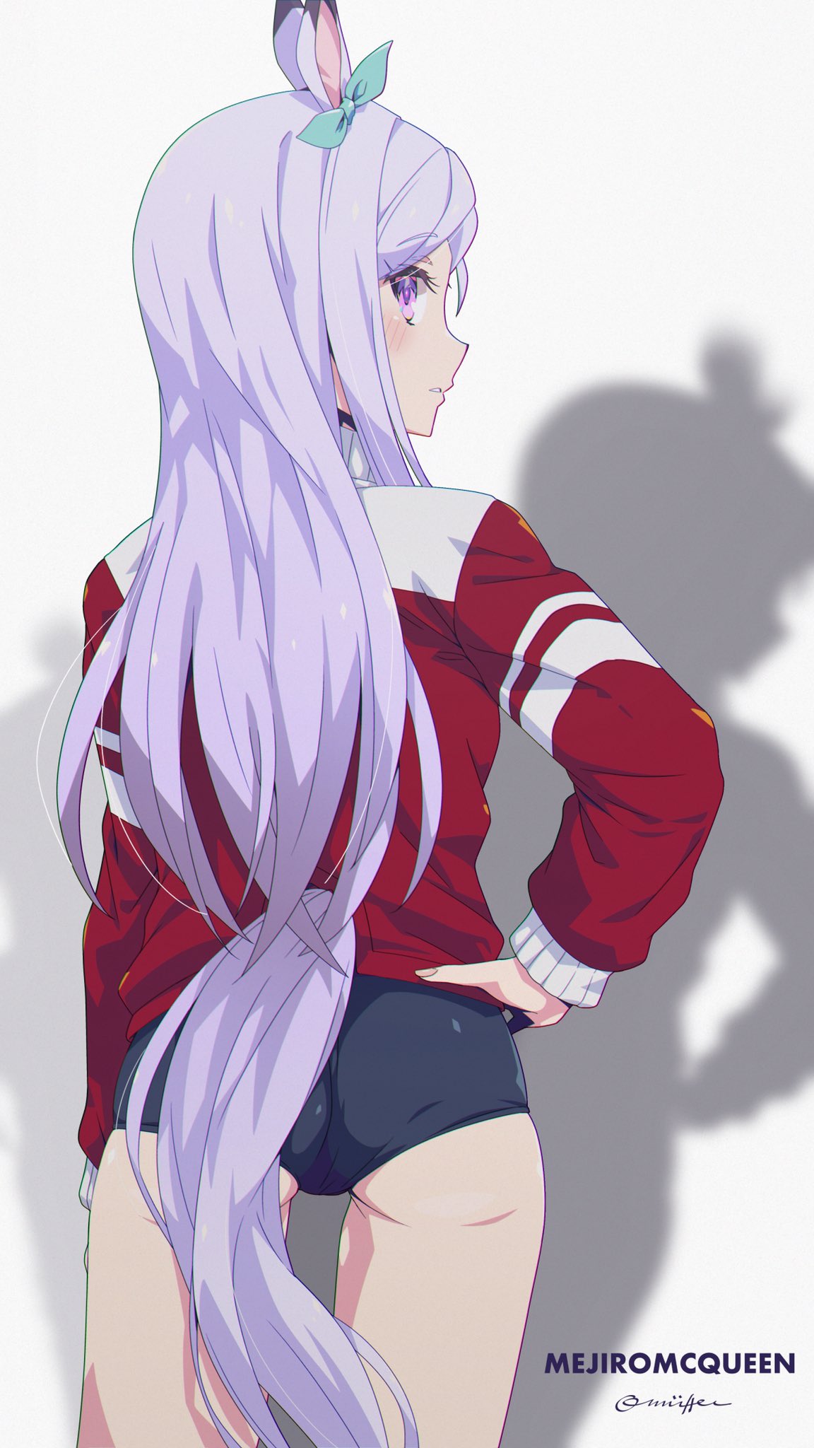 1girl animal_ears ass bangs blue_buruma blush buruma ear_ribbon eyebrows_visible_through_hair from_behind gym_uniform hand_on_hip highres horse_ears horse_girl horse_tail jacket light_purple_hair long_hair long_sleeves looking_at_viewer looking_back mejiro_mcqueen oomura_karasu parted_lips purple_hair red_jacket solo standing swept_bangs tail track_jacket umamusume violet_eyes