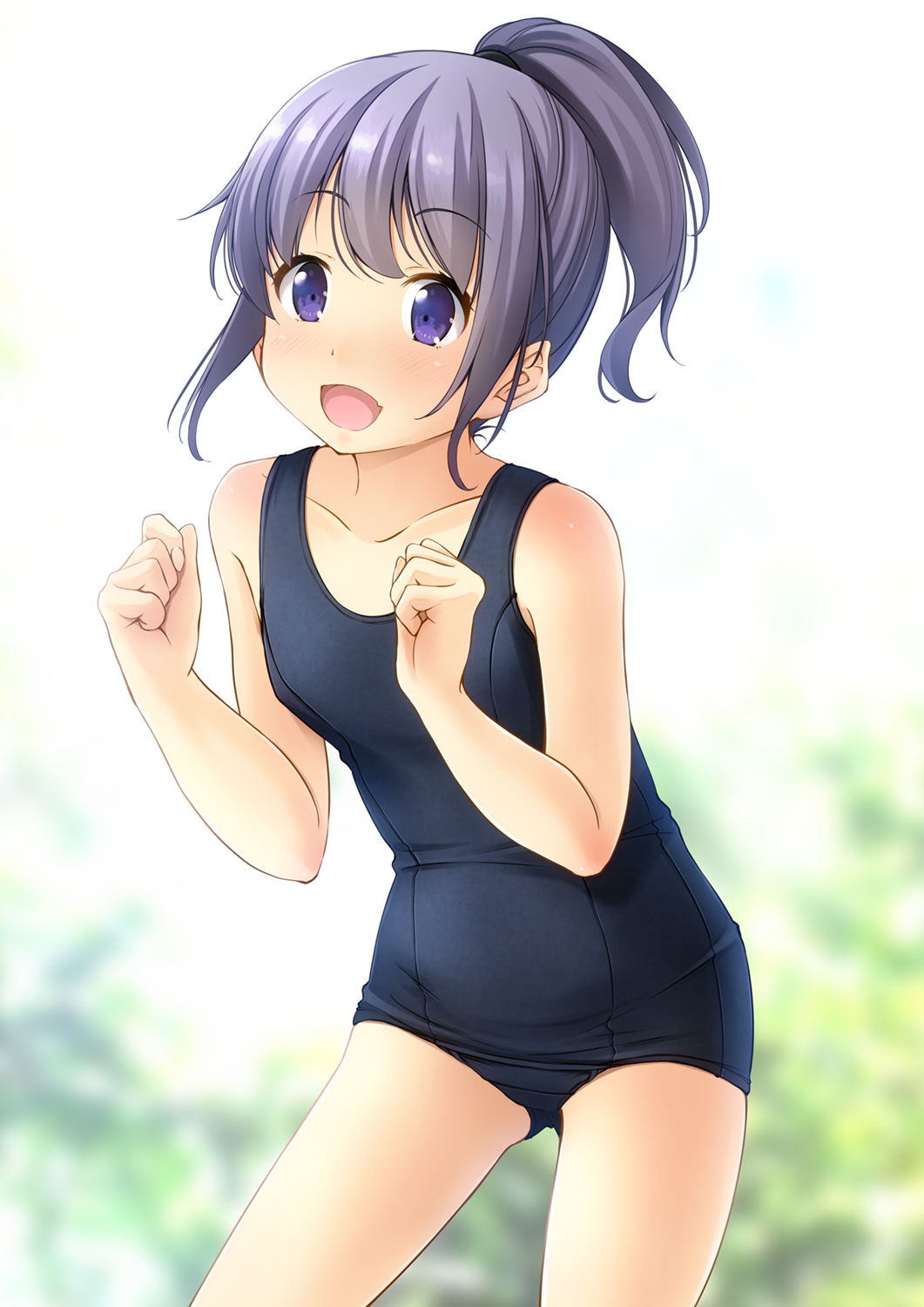 1girl :d ass_visible_through_thighs bangs bare_arms bare_shoulders black_swimsuit blurry blurry_background blush breasts collarbone commentary_request depth_of_field eyebrows_visible_through_hair fang hands_up high_ponytail highres looking_at_viewer old_school_swimsuit one-piece_swimsuit open_mouth original ponytail purple_hair school_swimsuit shibacha small_breasts smile solo standing swimsuit violet_eyes