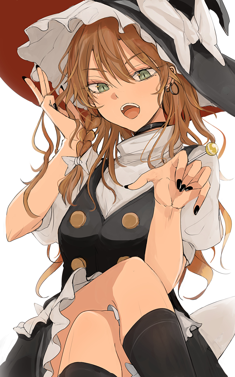 1girl bangs black_headwear black_legwear black_nails black_skirt black_vest blonde_hair bow braid buttons crossed_legs eyebrows_visible_through_hair frilled_hat frilled_skirt frills green_eyes hair_between_eyes hand_in_hair hat hat_bow highres kirisame_marisa long_hair looking_at_viewer ne_kuro open_mouth petticoat puffy_short_sleeves puffy_sleeves shirt short_sleeves side_braid simple_background single_braid sitting skirt solo touhou v-shaped_eyebrows vest white_background white_bow white_shirt witch_hat