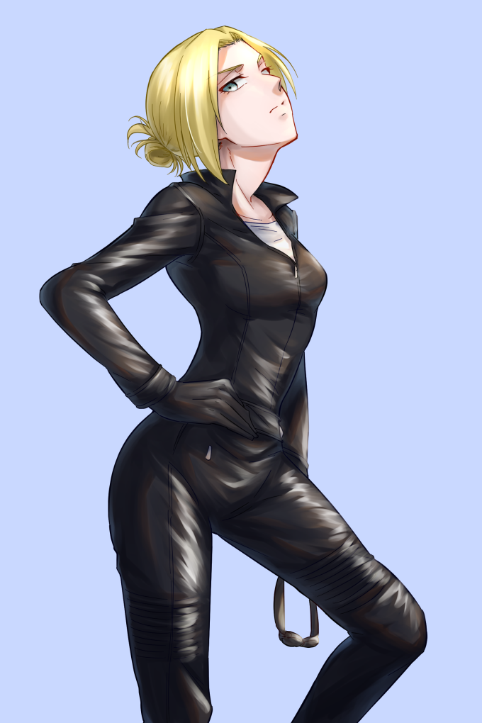 1girl alternate_costume annie_leonhardt black_jacket black_pants blonde_hair blue_background breasts closed_mouth collarbone green_eyes hair_intakes hand_on_hip head_tilt holding jacket long_sleeves looking_at_viewer pants partially_unzipped shingeki_no_kyojin shiny shiny_hair shirt short_hair simple_background small_breasts solo soraao0322 standing white_shirt zipper