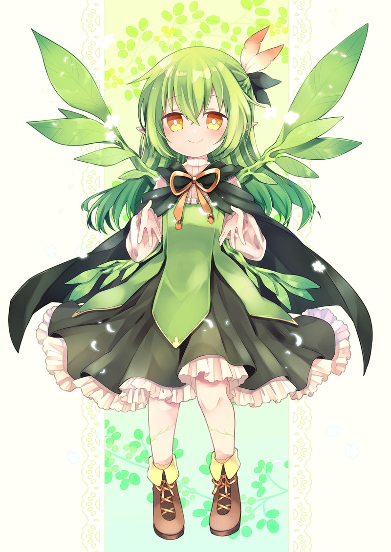 1girl aruya_(flosrota) bangs blush brown_eyes brown_footwear closed_mouth commission eyebrows_visible_through_hair frilled_skirt frills full_body green_hair green_skirt green_wings hair_between_eyes hands_up long_hair long_sleeves original pantyhose pleated_skirt pointy_ears shirt skeb_commission skirt smile solo standing white_legwear white_shirt wings