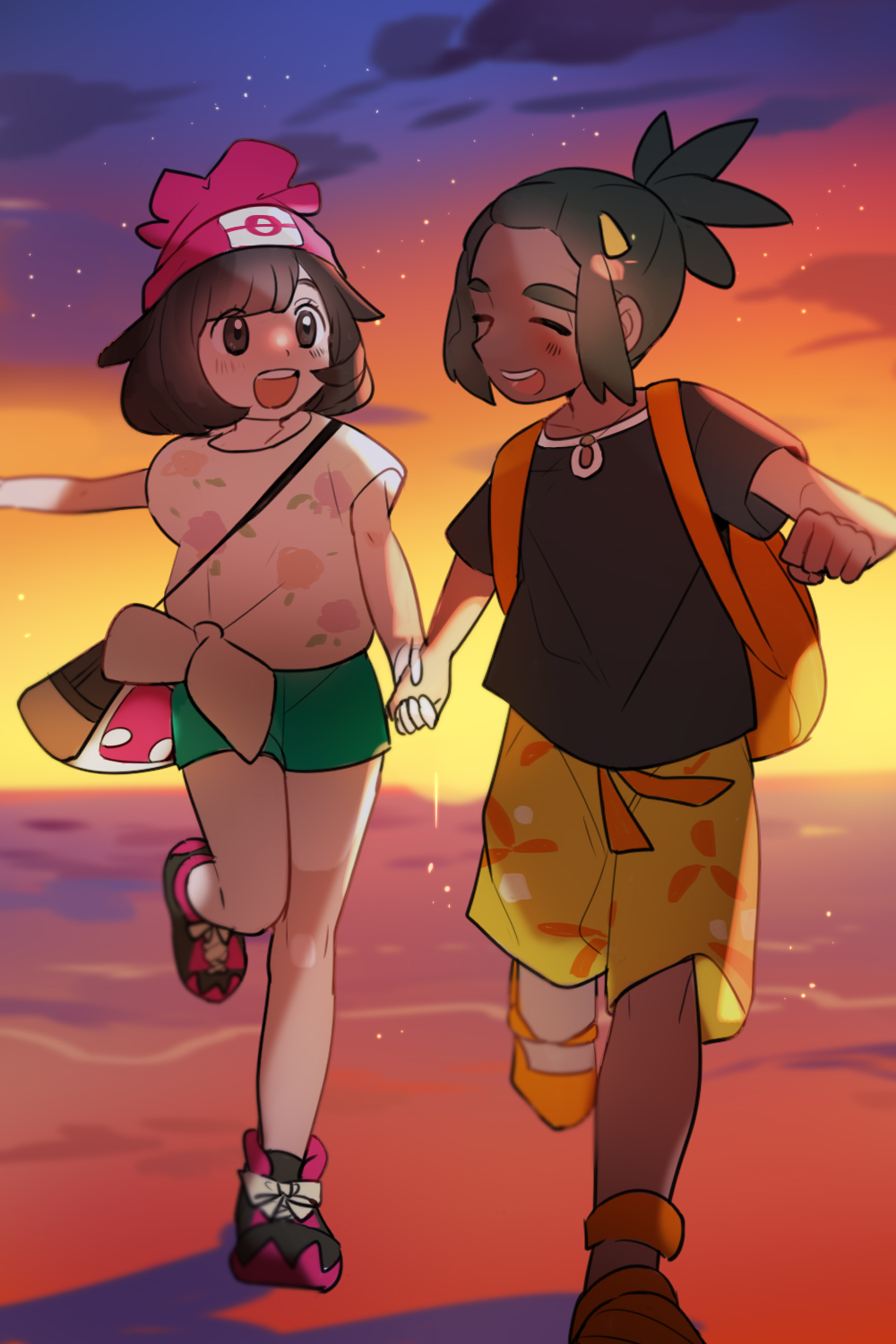 1boy 1girl :d backpack bag bangs beanie blush clenched_hand closed_eyes clouds commentary_request eyelashes green_shorts hat hau_(pokemon) highres holding_hand knees looking_at_another open_mouth orange_bag orange_footwear outdoors picube525528 pokemon pokemon_(game) pokemon_sm running selene_(pokemon) shirt shoes short_shorts short_sleeves shorts shoulder_bag sky smile standing star_(sky) t-shirt teeth tied_shirt twilight yellow_shorts