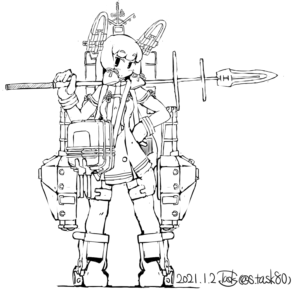 1girl dated dress eyebrows_visible_through_hair gloves holding holding_spear holding_weapon kantai_collection loafers long_hair monochrome polearm rigging shoes sidelocks signature solo spear task_(s_task80) thigh_strap torpedo_tubes turret twitter_username weapon white_background