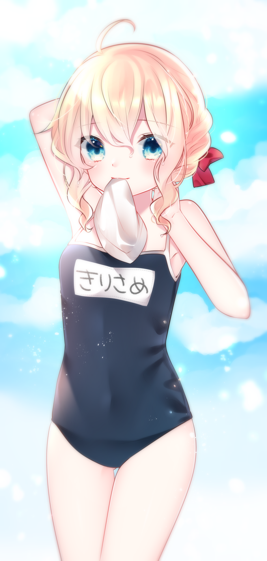 1girl ahoge alternate_costume alternate_eye_color alternate_hairstyle arm_behind_head armpit_peek arms_up blonde_hair blue_eyes blue_sky blue_swimsuit cacao_(cacaomgmg) character_name clouds cowboy_shot day eyebrows_visible_through_hair hair_between_eyes hair_ribbon hair_up hand_in_hair highres kirisame_marisa light_particles looking_at_viewer mouth_hold one-piece_swimsuit outdoors ribbon school_swimsuit sky solo standing swim_cap_removed swimsuit thigh_gap touhou wet wet_hair