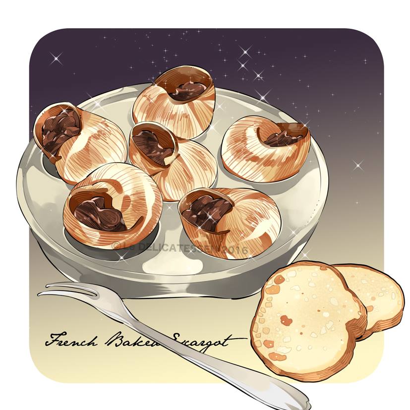 bread bread_slice english_text escargot food food_focus fork gradient gradient_background le_delicatessen no_humans original plate shell simple_background snail snail_shell sparkle still_life white_background