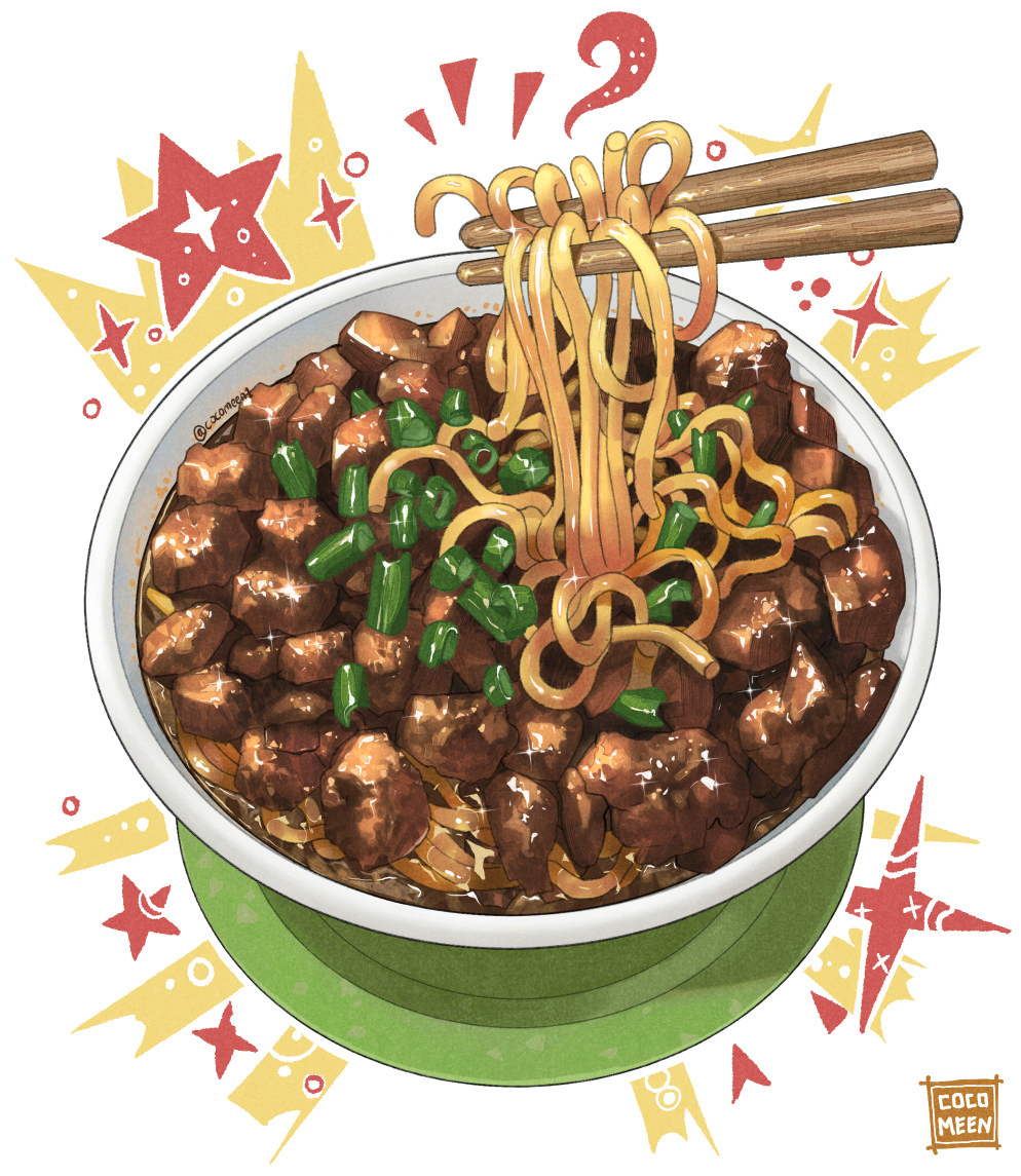 artist_name beef bowl chopsticks food food_focus meat nanashi_(freshman) no_humans noodles original plate ramen simple_background soup spring_onion star_(symbol) still_life vegetable white_background